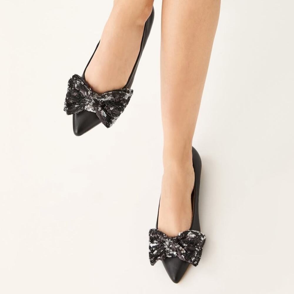 Jack Rogers Debra Black Leather Point Toe Sequin Bow Ballet Flats Size 8.5
